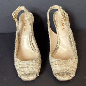 Prada Tweed Open Toe Wedge Sandal - Size 38